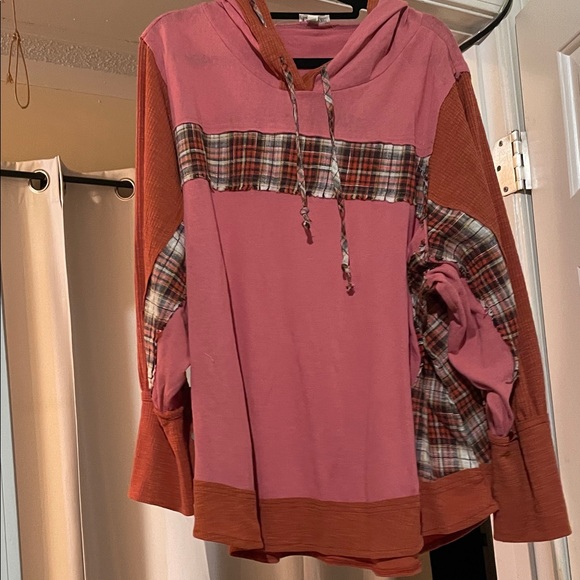 POL Tops - POL Pink and Orange Plaid Hoodie